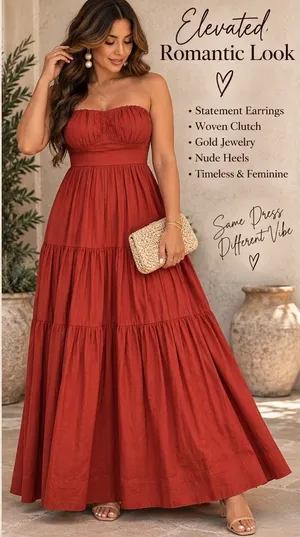 Forever 21 Rust Red Strapless Tiered Maxi Dress Boho Sweetheart Neckline Cotton thumbnail 1