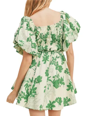 & Merci Puff Sleeve Green Floral Cotton Fit and Flare Mini Dress SMALL thumbnail 2