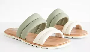 Sorel Ella II Puff Slide Sandals Sage Green Chalk Leather Comfort Coastal Chic thumbnail 1