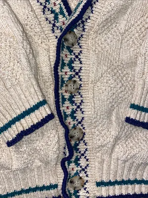 Puritan Cotton Cream Cable Cardigan with Blue Trim and Teal Accents Oversized thumbnail 3