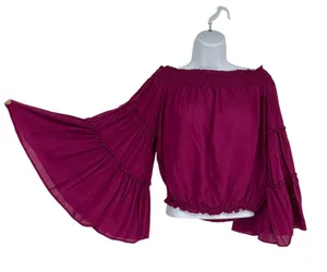 Free People Free Spirit Crop‎ Top S Magenta Off Shoulder Tiered Bell Sleeve Boho thumbnail 1