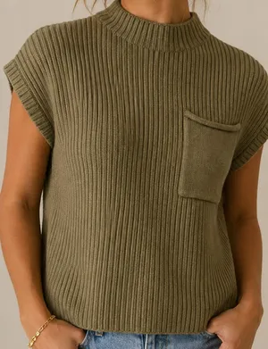 Boutique Olive Green Ribbed Mock-Neck Sweater Vest with Front Pocket thumbnail 1