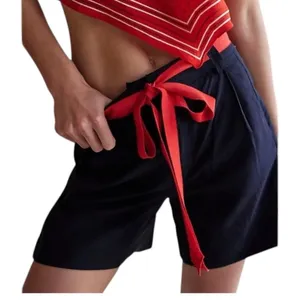 Free People Perfect Prep Pleated Stripe‎ Trouser Shorts Navy Blue 8 Sold Out thumbnail 1