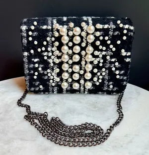 Chico's Pearl Embellished Tweed Crossbody Bag Black White Evening Clutch thumbnail 1