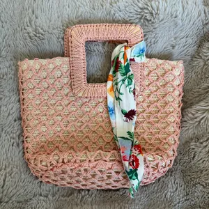 Pink Woven Straw Tote Bag with Floral Scarf thumbnail 1
