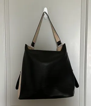 Great condition faux suede and faux leather, H&M shoulder bag, tan and black thumbnail 4