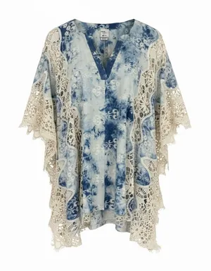 Mindset‎ by XCVI Large Blue Acid Wash Tie Dye Crochet Lace Poncho Top Boho thumbnail 1