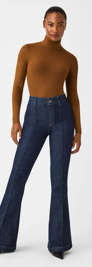 SPANX • Pintuck Flare Jeans pull on high rise bell bottom Raw Indigo dark wash thumbnail 1
