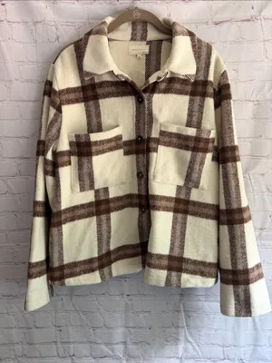 MELLODAY Cream and Brown Plaid shirt Jacket Shacket Woman’s Large thumbnail 1