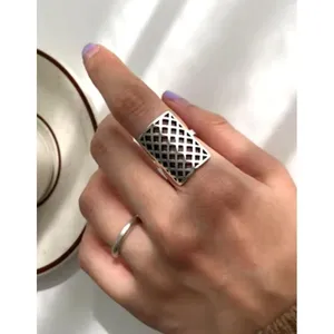 Solid Statement Ring White Gold Plated Sterling Adjustable‎ Lattice Wide Band thumbnail 2