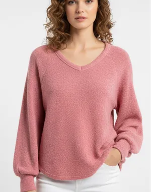 Hollister Womens Small Pink V-Neck Fuzzy Knit Balloon‎ Sleeve Sweater thumbnail 1