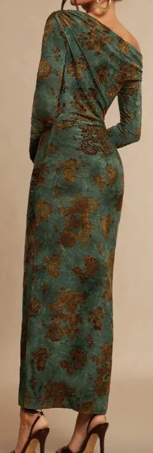 SheIn Silquee Green Flocked Floral Off-Shoulder Ruched Long Sleeve Elegant Maxi Dress thumbnail 4