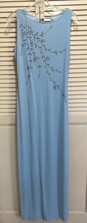 Eye Candy Blue Flower Glitter Open/Tie Back Maxi Dress Size‎ L Sleeveless Slit thumbnail 1