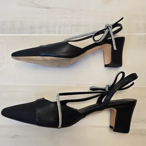{11} Coutgo Rhinestone Slingback Chunky Heel Pointes Toe Black thumbnail 10