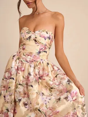 Lulu's Kathani Light Yellow Floral Jacquard Bustier Maxi Dress NWT Size S thumbnail 2
