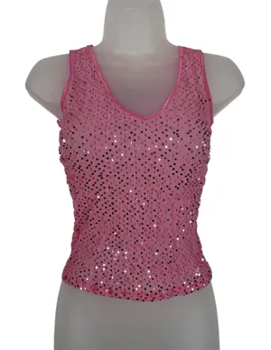 Vintage Y2K The Limited Pink Sequin Sheer Smocked Mesh Fitted Tank Top Clubbing thumbnail 1