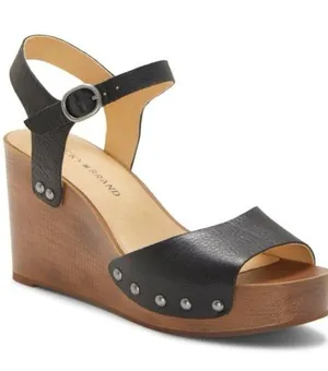 Lucky Brand Black Leather Studded Wedge Sandals thumbnail 1