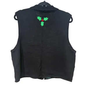 Bechamel Christmas Sweater Vest Large Black Poinsettia Holly Zip Up Knit thumbnail 3