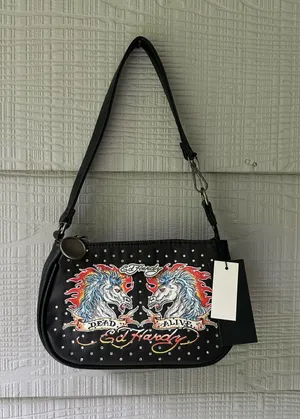 Ed Hardy "Dead or Alive" Horse Tattoo Graphics Rhinestones SM Shoulder Bag NWT thumbnail 1