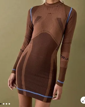 UO iets Frans Brown Seamless Long Sleeve Ribbed Striped Bodycon Sweater Dress XS thumbnail 1