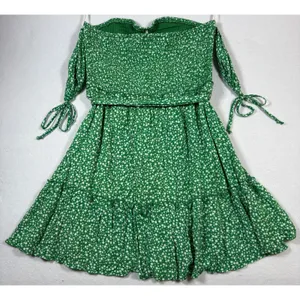 Lulus Green Floral Smocked Off-The-Shoulder Mini Dress NWT Medium thumbnail 3