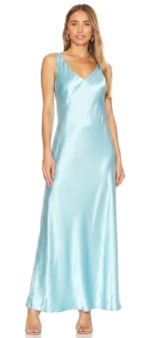 NWT Vince Satin V-Neck Maxi in Light Lagoon Blue Sleeveless Slip Dress S thumbnail 1