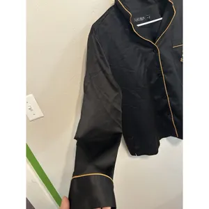 Lauren Ralph Lauren Black Satin Pajama Top Size Medium Printed Pipe Top Preppy thumbnail 5
