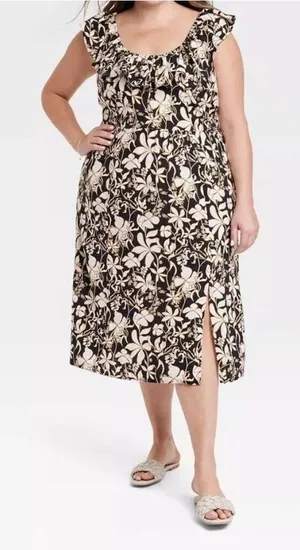 Ava & Viv Linen Blend Ruffle Top Black and Tan Floral Dress Size XXL thumbnail 1