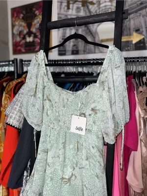 Selfie Leslie Kirra Sage Botanic Print Puff Sleeve Ruched Mini Dress XS New NWT thumbnail 7
