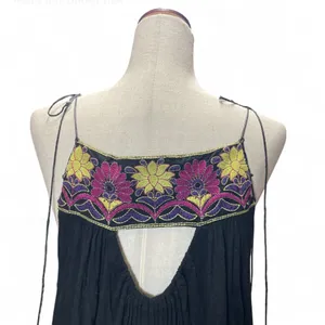 Free People Boho Black Embroidered Flowy Faux‎ Leather Straps Tunic Size Medium thumbnail 4