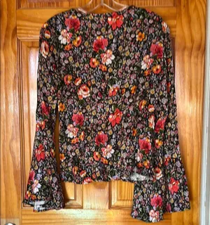 Topshop Black and Red Floral Tie Front Bell Sleeve Blouse thumbnail 3