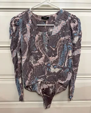 AFRM Pink, Blue & Gray Abstract Print Long-Sleeve Bodysuit thumbnail 1