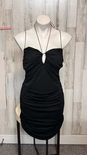 Black Ruched Bodycon Mini Dress Halter Neck Tie Back Stretchy Party Dress Size L thumbnail 1