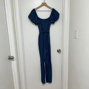 Trixxi Los Angeles |‎ Navy Blue Puff Sleeve Textured Wide Leg Jumpsuit, Size M thumbnail 3