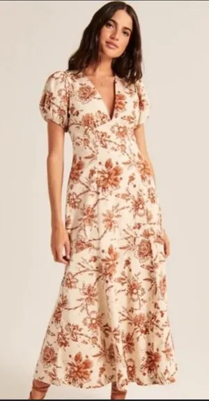 Abercrombie & Fitch cream and brown print puff sleeve floral maxi dress. M thumbnail 1