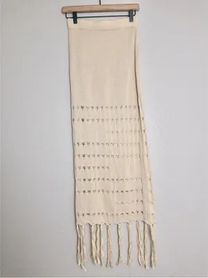 NWT [SET] Micas Knit Fringe Maxi Skirt M Beige Tassel Sheer Slit Bandeau Top thumbnail 3