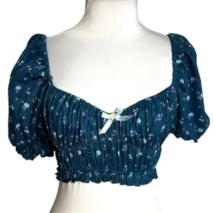 For Love And Lemons Lola Pointelle Blue Floral Coquette Puff Sleeves Crop Top XS thumbnail 4
