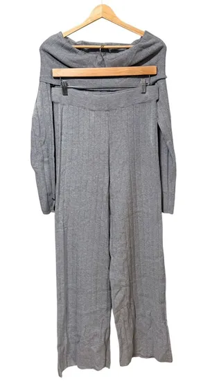 Gray Ribbed Knit Off Shoulder Top and Wide Leg Pants Set XL ODL2582 thumbnail 1