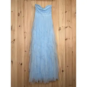 NWT Lulus Delightful Beauty Blue Mesh Strapless Ruched Ruffled Maxi Dress Sz L thumbnail 2