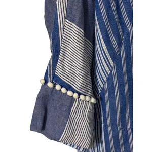 NIC+ZOE Linen Blend Striped Tunic Top Mini Dress Large Blue White Pom Trim thumbnail 12