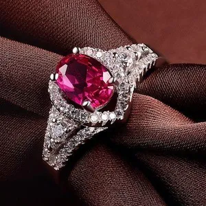 18K White Gold Plated Adjustable Birthstone Crystal Ruby Ring for Women thumbnail 1