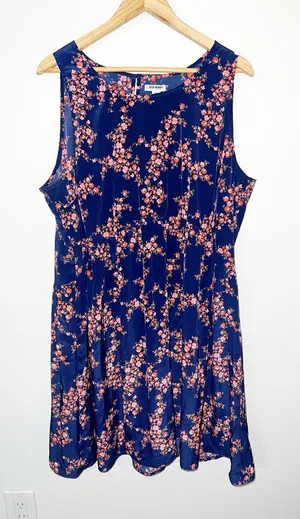 Old Navy Fit & Flare Navy Blue Dress with Pink Floral Print thumbnail 1