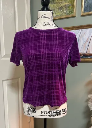 Nine West Purple Plaid Velvet Baby Tee SZ S Y2K Whimsigoth Romantic Goth thumbnail 1