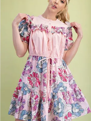 Gigio Pink Floral Ruffle Puff Sleeve Dress Size L thumbnail 4