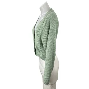 H&M Women's Green Cable Knit Ribbed V Neck Button Up Cardigan Sweater Top Size S thumbnail 3
