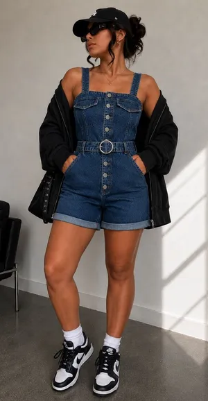 Yidula Denim Romper Belted Button Front Cuffed Shortalls Y2K Streetwear Size 11 thumbnail 1