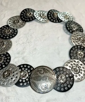 Vintage Black & Silver Faux Leather Boho Medallion Hip Belt Hammered Buckle thumbnail 1