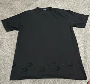 Vintage HONORS black short sleeve shirt with eyelet details and shoulder pads L‎ thumbnail 1