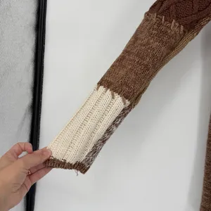 Patchwork Cable Knit Roll Neck‎ Sweater Tunic Brown Cream Size L thumbnail 3