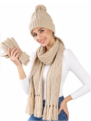 New! Super Soft Beige Cable Knit Pom Beanie, Scarf & Glove Set thumbnail 1